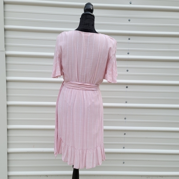 LC Lauren Conrad Belted Flutter Short Sleeve V Neck Pink Striped Dress XS - Picture 13 of 14